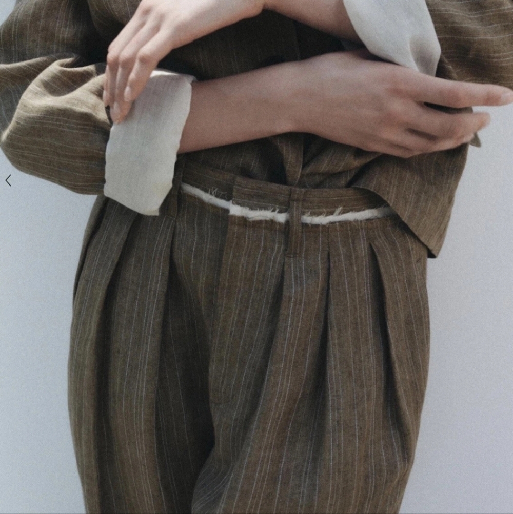 Zara Womens Green Olive Chino Linen Cotton Blend Pleated Pants